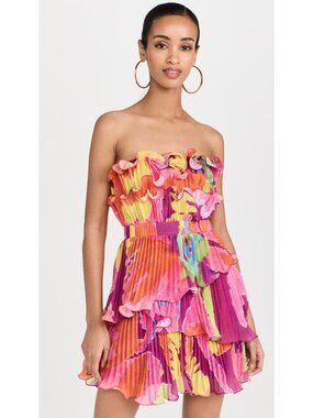 AMUR Massie Strapless Mini Dress Size 4 Purple Floral Pleated Ruffle A-Line